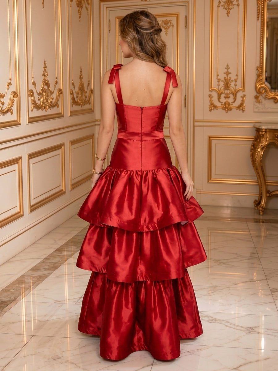 A Line Spaghetti Straps Sleeveless Satin Tiered Long Evening Dresses