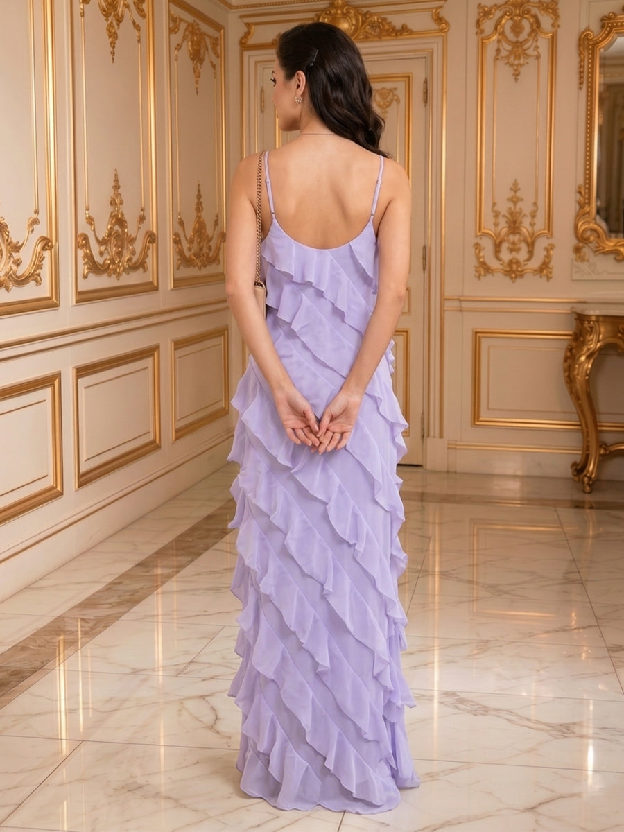 Column V Neck Sleeveless Chiffon Long Evening Dresses