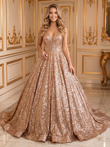 A Line Deep V Neck Sleeveless Long Evening Dresses