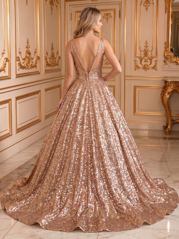 A Line Deep V Neck Sleeveless Long Evening Dresses