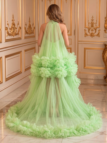 A Line High Neck Sleeveless High Low Tulle Evening Dresses