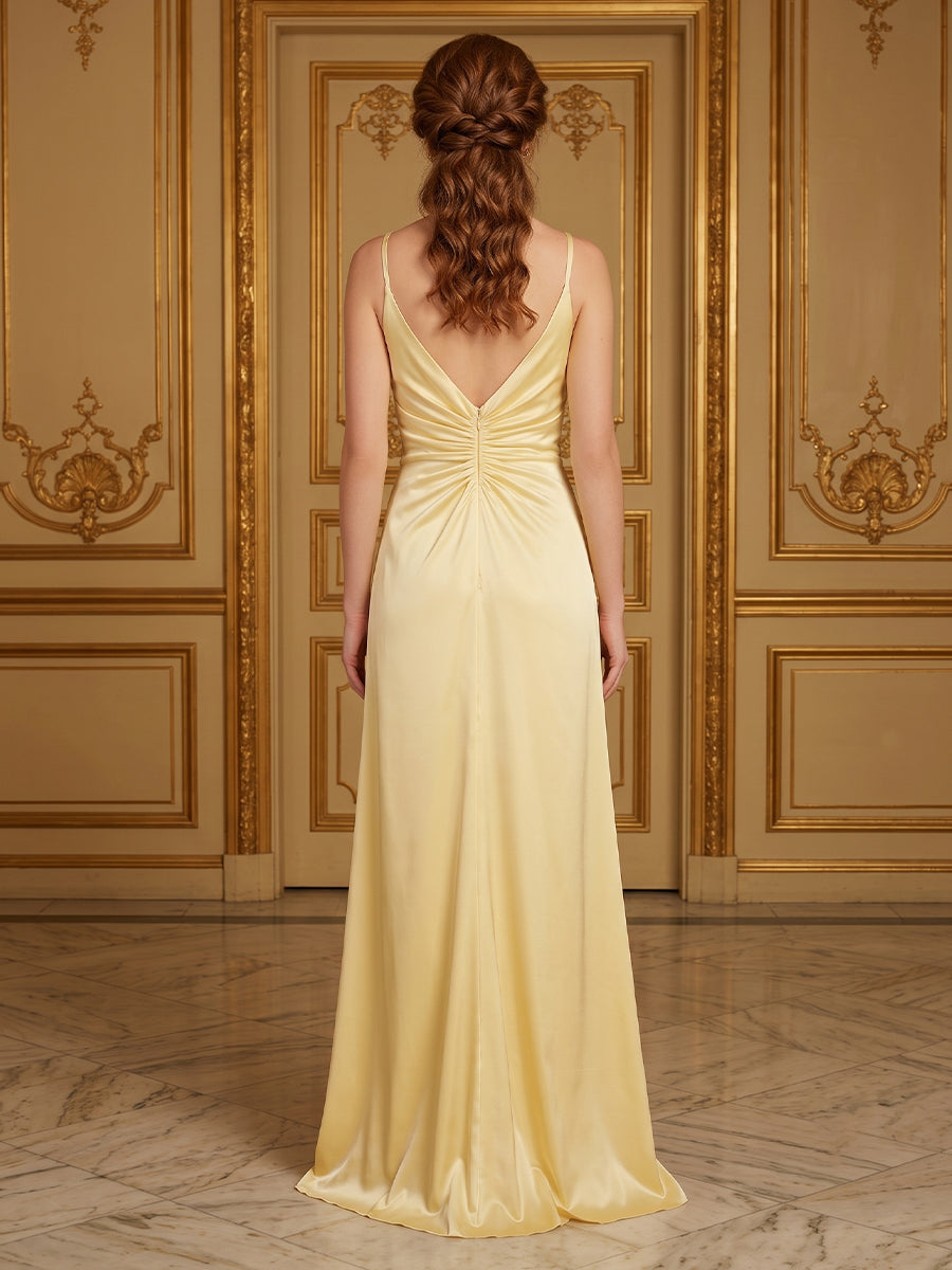Mermaid V Neck Sleeveless Long Satin Evening Dresses with Slit