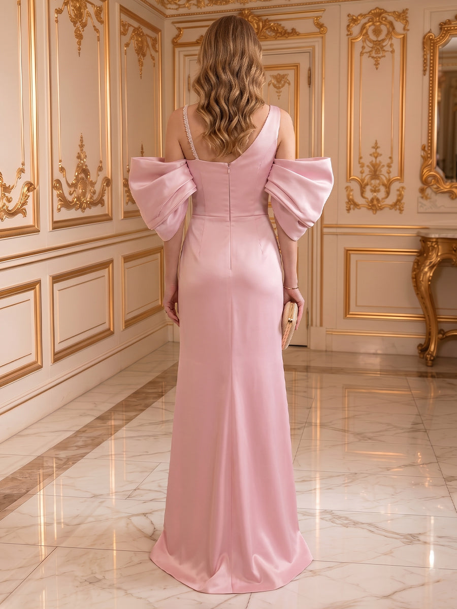 Satin Strapless Off the Shoulder Sleeveless Long Evening Dresses with Slit