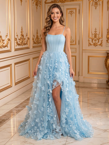 A Line Tulle Spaghetti Straps Sleeveless Long Evening Dresses with Flowers