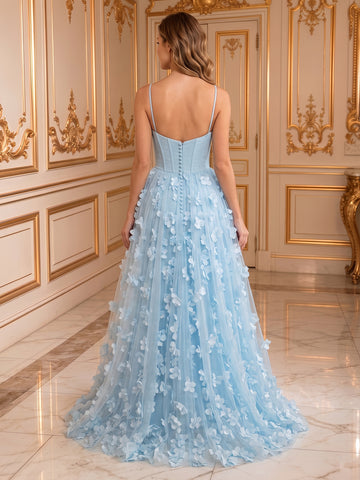 A Line Tulle Spaghetti Straps Sleeveless Long Evening Dresses with Flowers