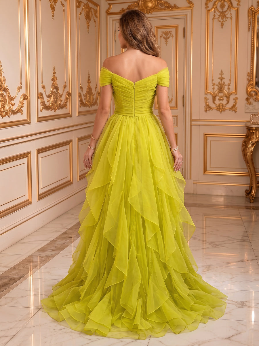 Tulle Strapless Off the Shoulder Sleeveless Long Evening Dresses with Ruffles