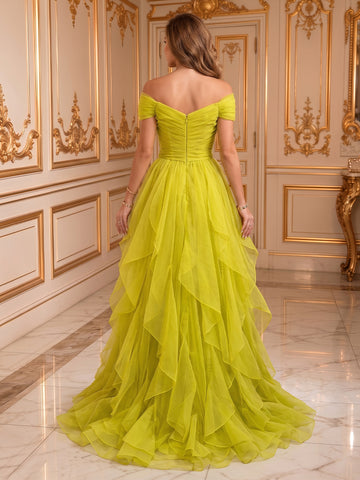 Tulle Strapless Off the Shoulder Sleeveless Long Evening Dresses with Ruffles