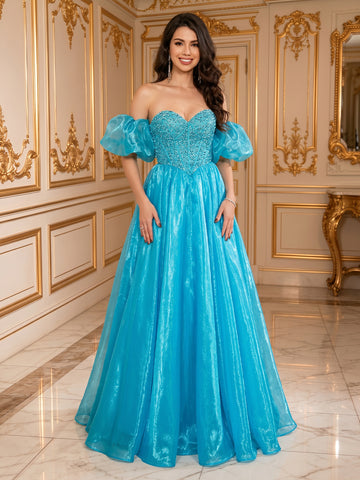 A Line Corset Off the Shoulder Organza Sleeveless Long Evening Dresses