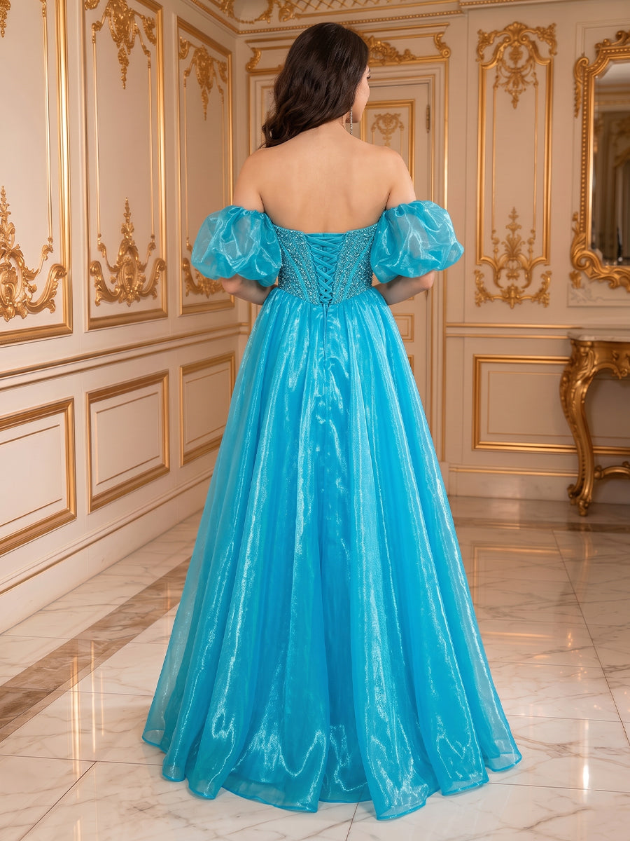 A Line Corset Off the Shoulder Organza Sleeveless Long Evening Dresses