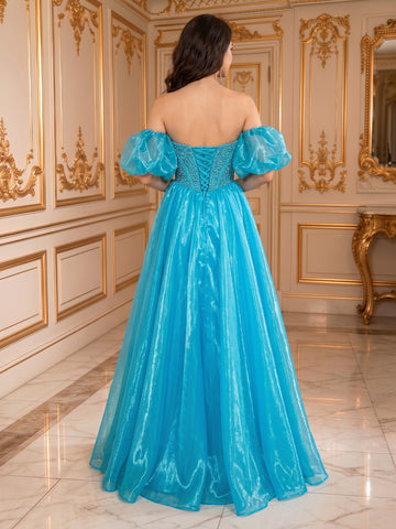 A Line Corset Off the Shoulder Organza Sleeveless Long Evening Dresses
