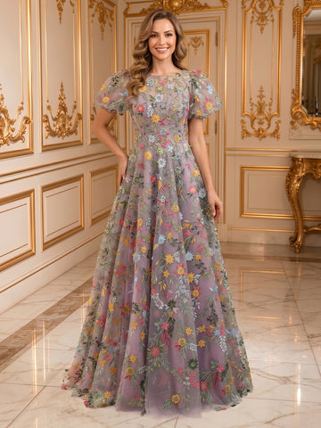 A Line Tulle Jewel Short Sleeves Embroidery Long Evening Dresses