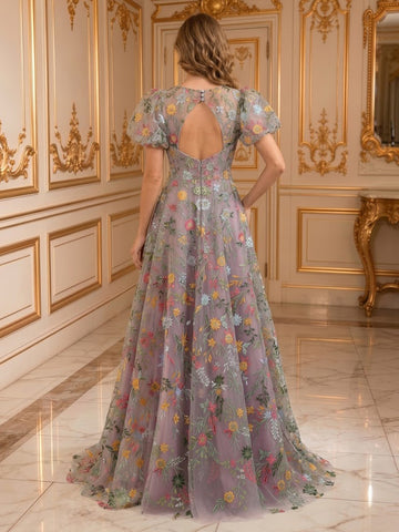 A Line Tulle Jewel Short Sleeves Embroidery Long Evening Dresses