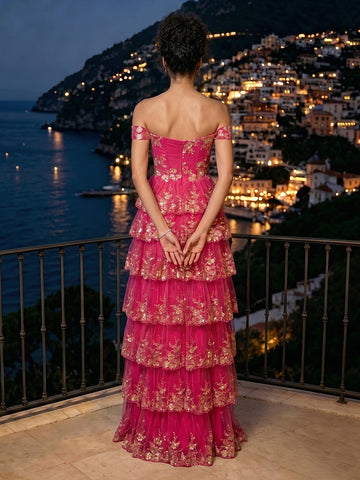 A Line Off the Shoulder Sleeveless Tulle Tiered Long Evening Dresses with Slit