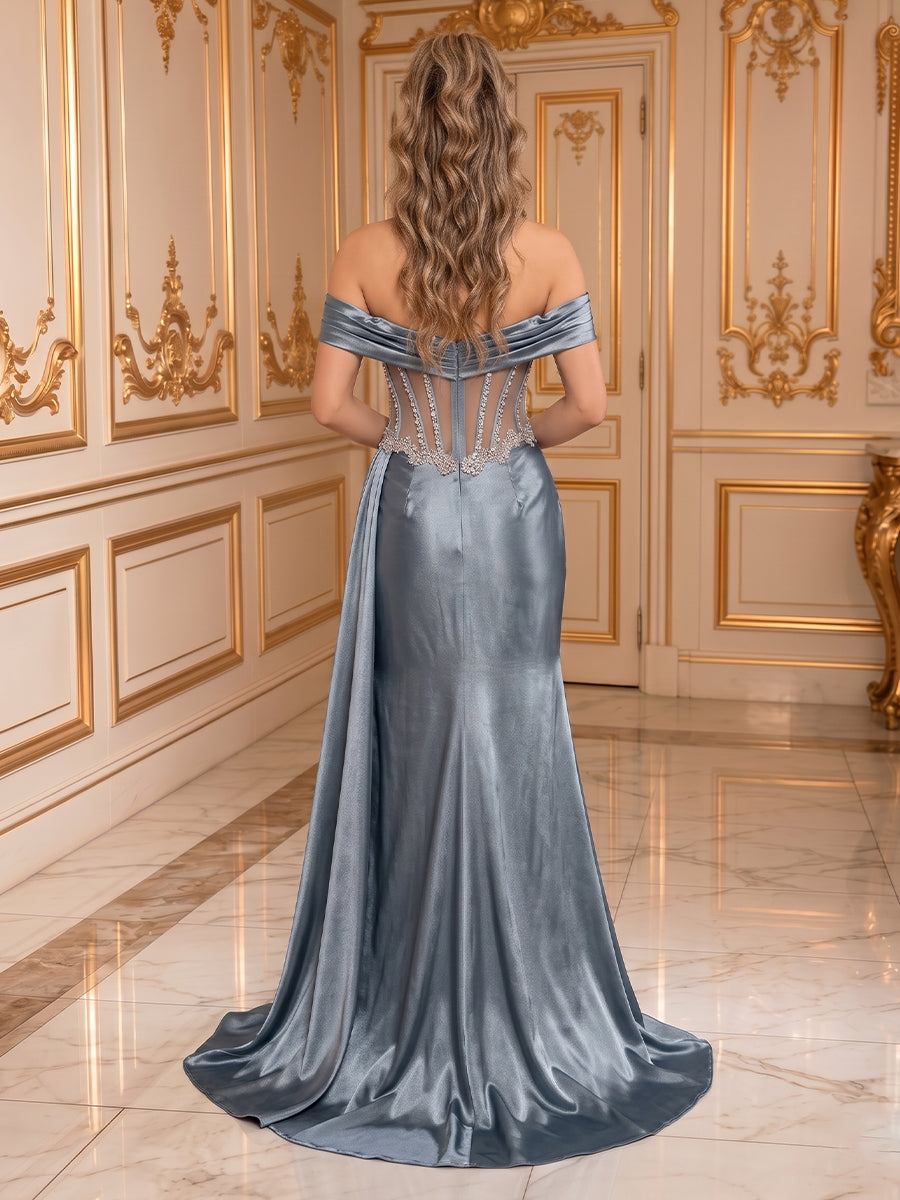 Mermaid Satin Off the Shoulder Corset Sleeveless Long Evening Dresses with Slit