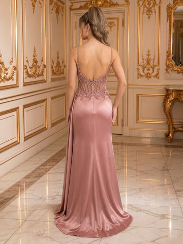 Mermaid Spaghetti Straps Sleeveless Satin Long Evening Dresses with Slit