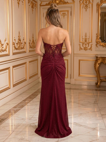 Sheath Strapless Sleeveless Satin Lace Applique Evening Dresses with Slit