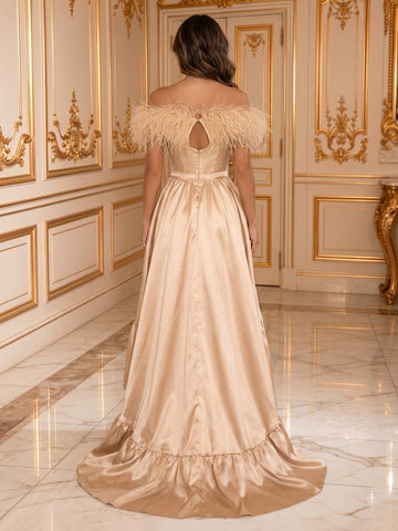 A Line Off the Shoulder Sleeveless Satin Long Evening Dresses