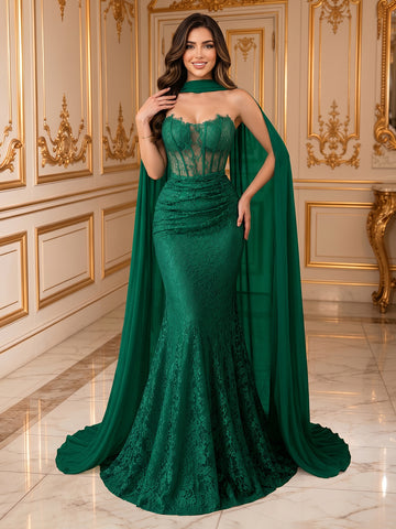 Mermaid Strapless Sleeveless Chiffon Lace Applique Evening Dresses
