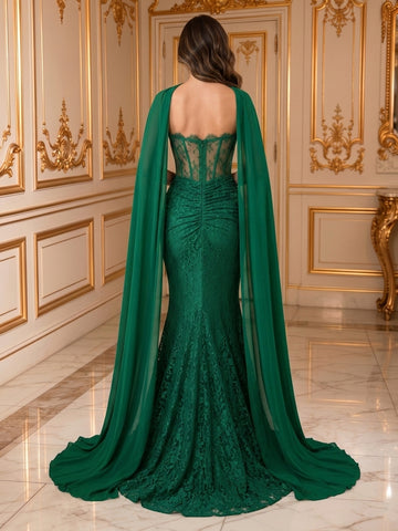 Mermaid Strapless Sleeveless Chiffon Lace Applique Evening Dresses