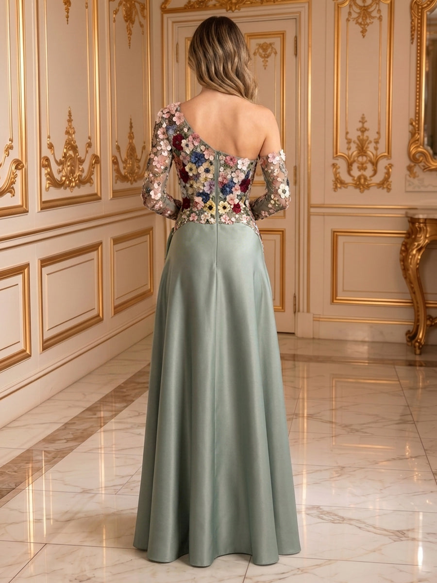 One Shoulder Satin A Line Long Sleeves Embroidery Long Evening Dresses