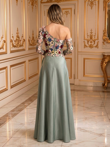One Shoulder Satin A Line Long Sleeves Embroidery Long Evening Dresses