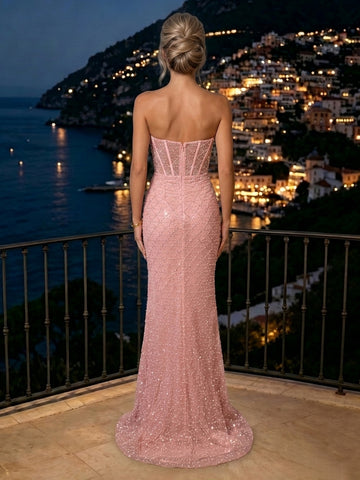 Mermaid Strapless Sleeveless Tulle Corset Long Evening Dresses with Slit