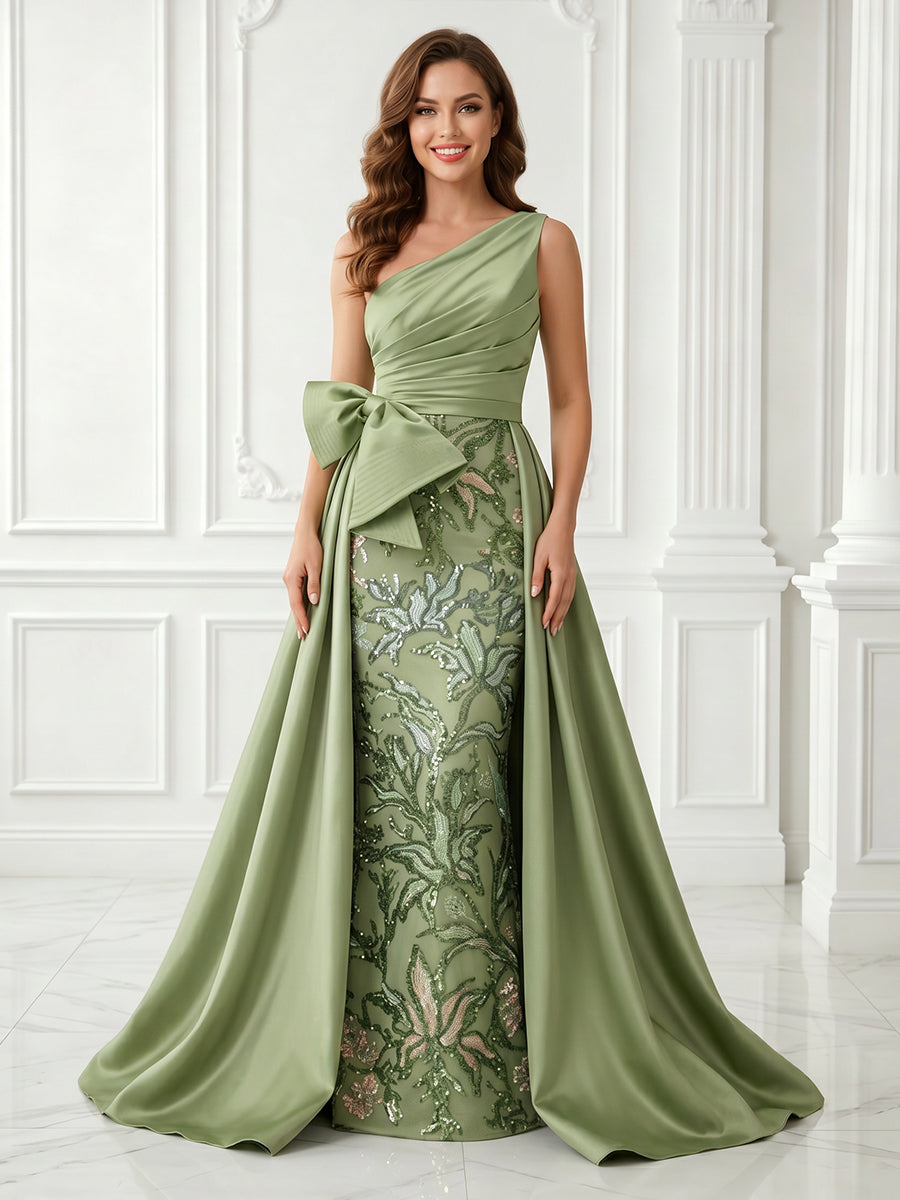 Jacquard A Line One Shoulder Satin Sleeveless Long Evening Dresses with Bow