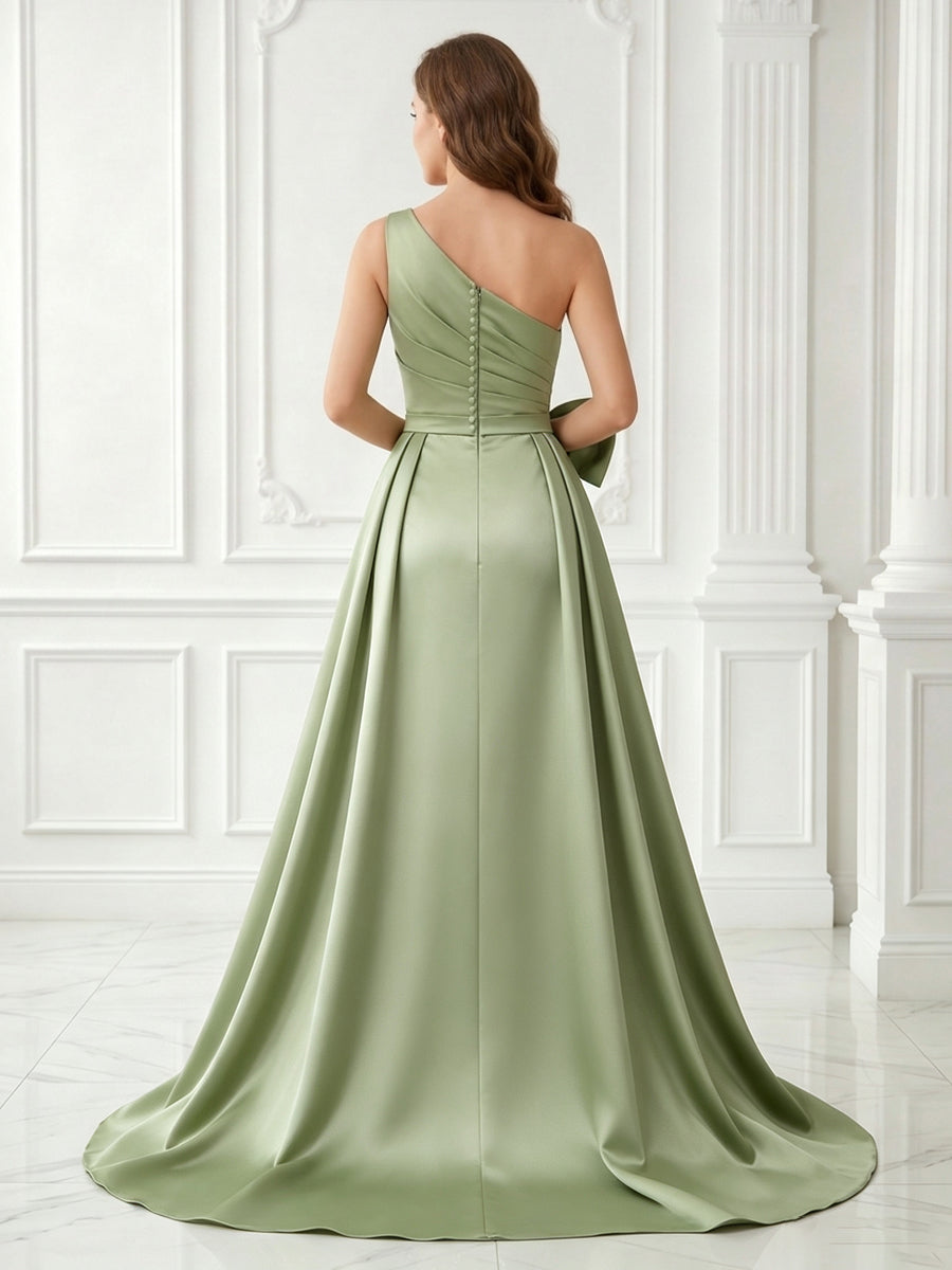 Jacquard A Line One Shoulder Satin Sleeveless Long Evening Dresses with Bow