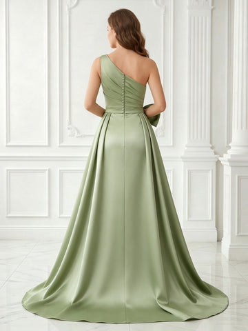 Jacquard A Line One Shoulder Satin Sleeveless Long Evening Dresses with Bow