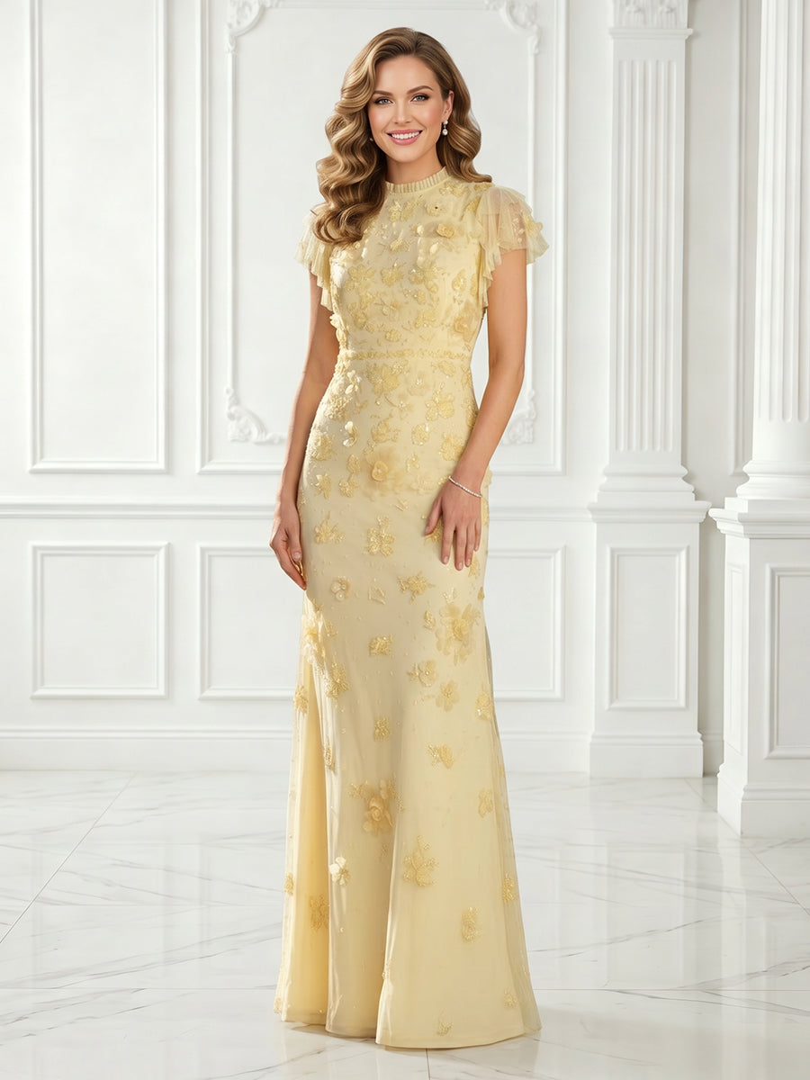 Jacquard Flower Embroidery High Neck Short Sleeves Long Evening Dresses
