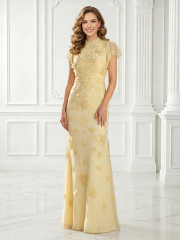 Jacquard Flower Embroidery High Neck Short Sleeves Long Evening Dresses