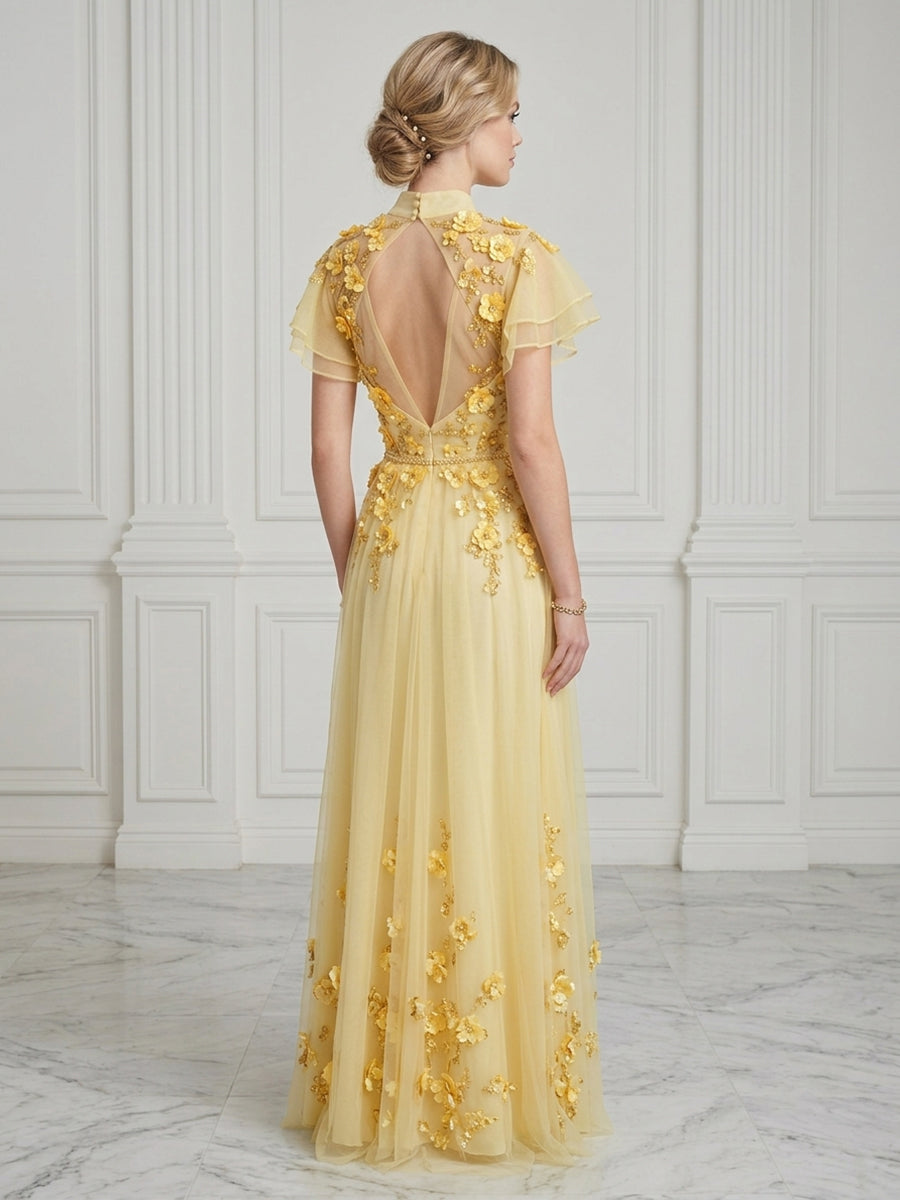 Jacquard Flower Embroidery High Neck Short Sleeves Long Evening Dresses