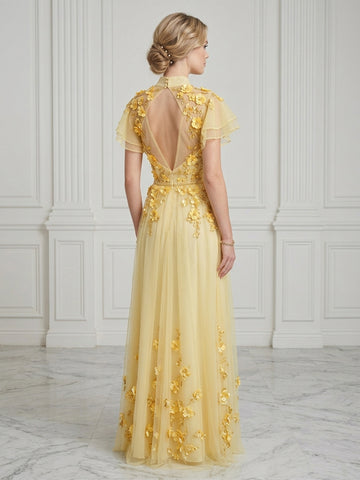 Jacquard Flower Embroidery High Neck Short Sleeves Long Evening Dresses