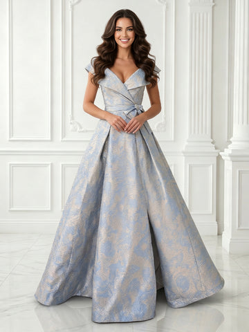 Jacquard A Line V Neck Jacket Satin Sleeveless Long Evening Dresses with Bow