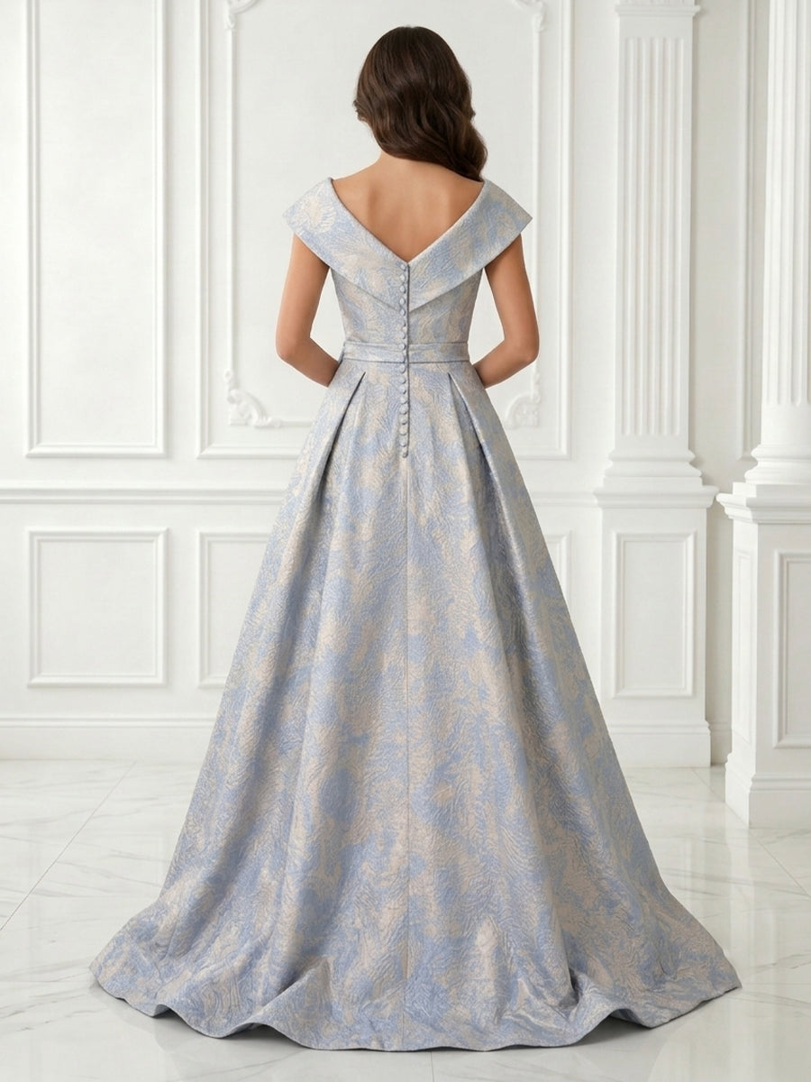 Jacquard A Line V Neck Jacket Satin Sleeveless Long Evening Dresses with Bow