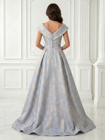Jacquard A Line V Neck Jacket Satin Sleeveless Long Evening Dresses with Bow
