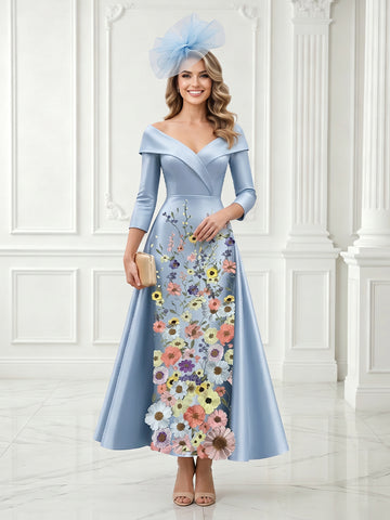 Jacquard A Line Jacket 3/4 Sleeves Satin Tea Length Long Evening Dresses with Flower