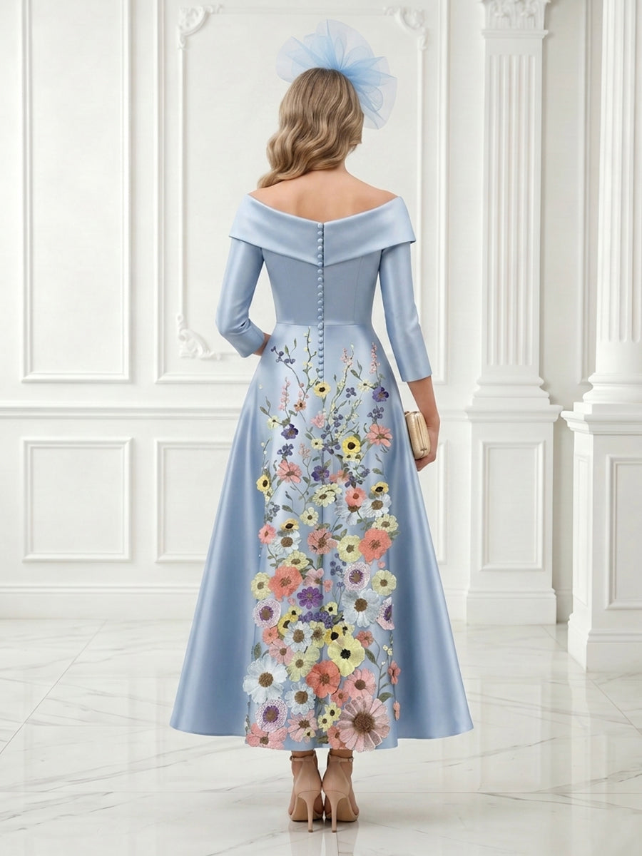 Jacquard A Line Jacket 3/4 Sleeves Satin Tea Length Long Evening Dresses with Flower
