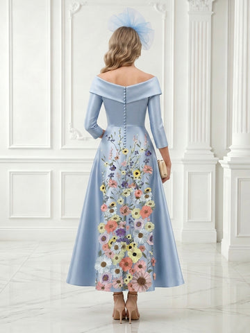 Jacquard A Line Jacket 3/4 Sleeves Satin Tea Length Long Evening Dresses with Flower