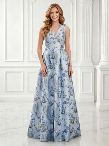 Jacquard A Line V Neck Satin Sleeveless Long Evening Dresses