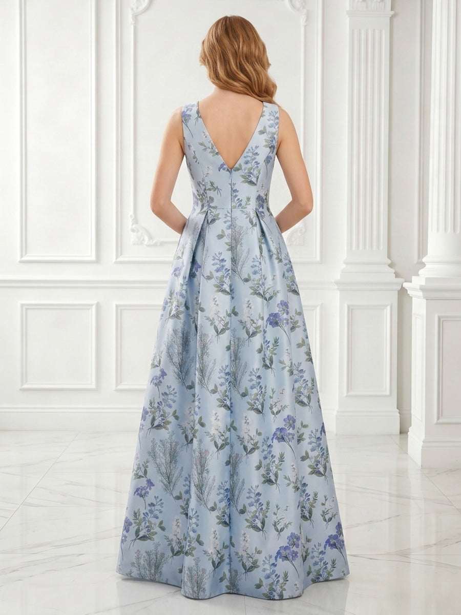Jacquard A Line V Neck Satin Sleeveless Long Evening Dresses