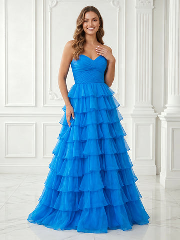 Tulle A Line Strapless Sleeveless Long Tiered Evening Dresses