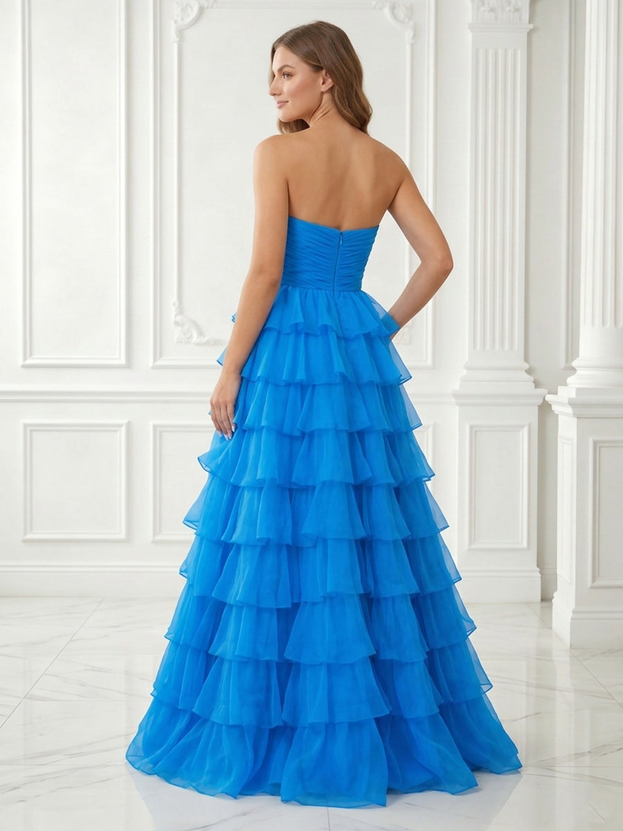Tulle A Line Strapless Sleeveless Long Tiered Evening Dresses