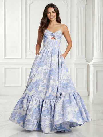 Jacquard A Line Sweetheart Satin Sleeveless Long Evening Dresses with Pockets