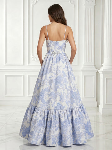 Jacquard A Line Sweetheart Satin Sleeveless Long Evening Dresses with Pockets