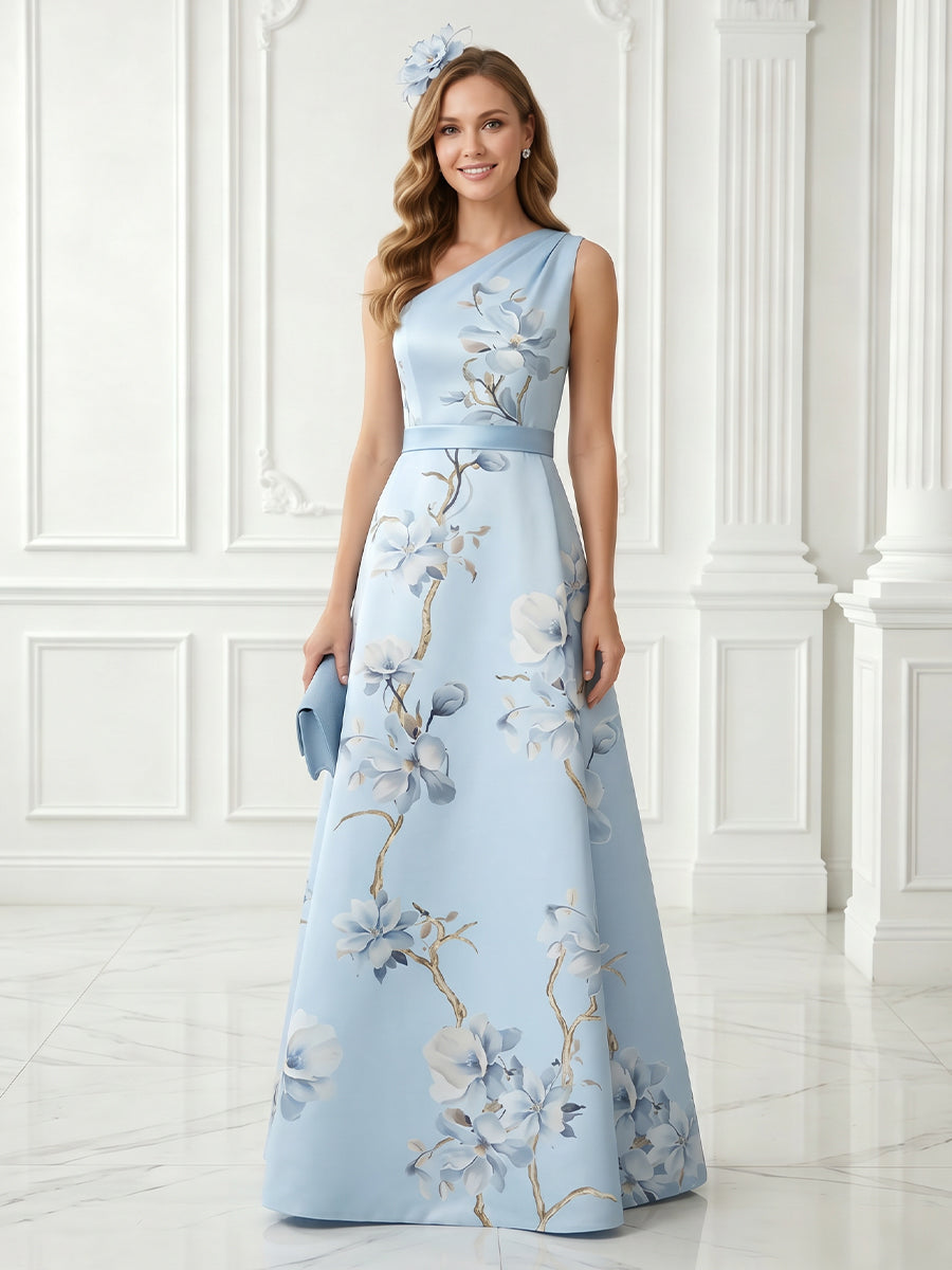 Jacquard A Line One Shoulder Satin Sleeveless Long Evening Dresses