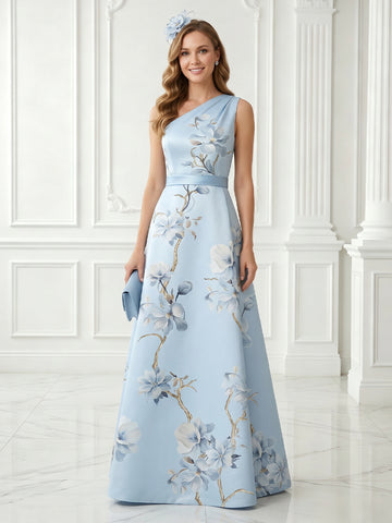 Jacquard A Line One Shoulder Satin Sleeveless Long Evening Dresses