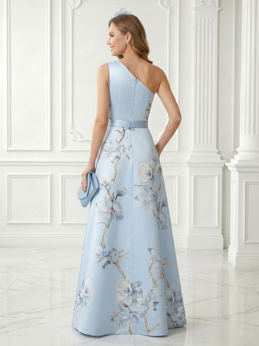 Jacquard A Line One Shoulder Satin Sleeveless Long Evening Dresses