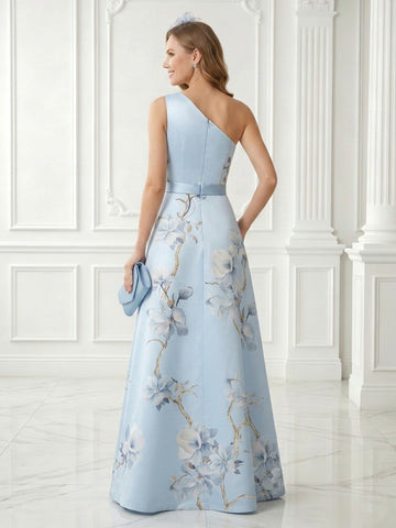 Jacquard A Line One Shoulder Satin Sleeveless Long Evening Dresses