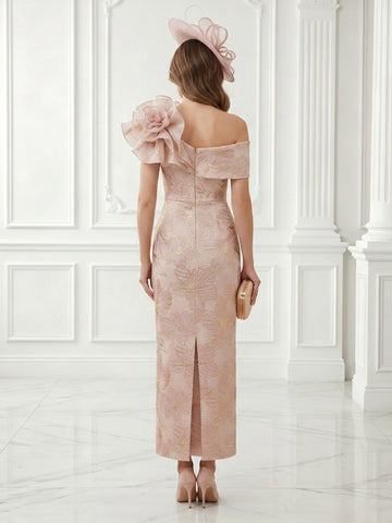 Jacquard A Line One Shoulder Satin Tea Length Evening Dresses with Flower